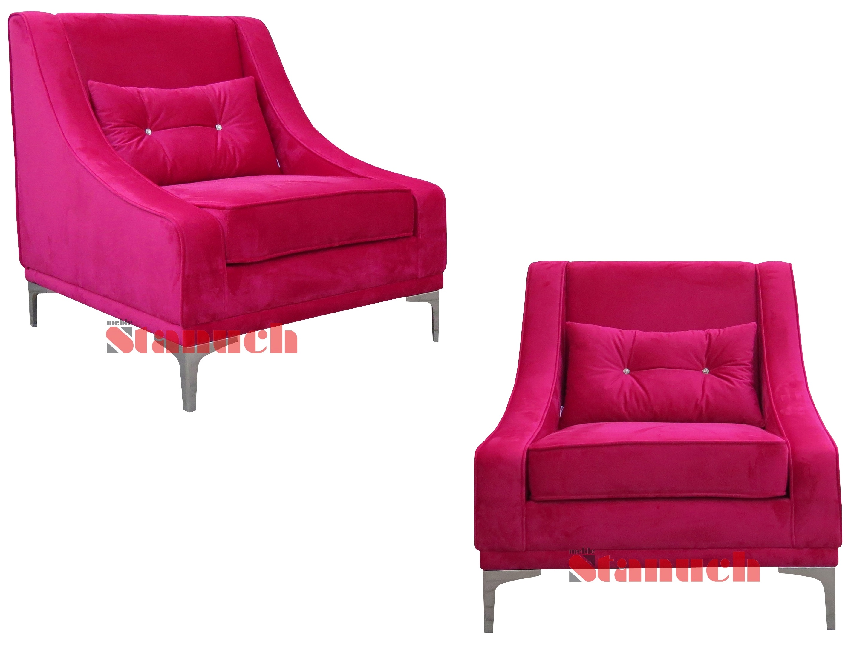 Różowy fotel tapicerowany w nowoczesnym stylu