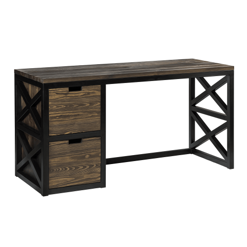 An elegant desk with two drawers and a decorative metal frame